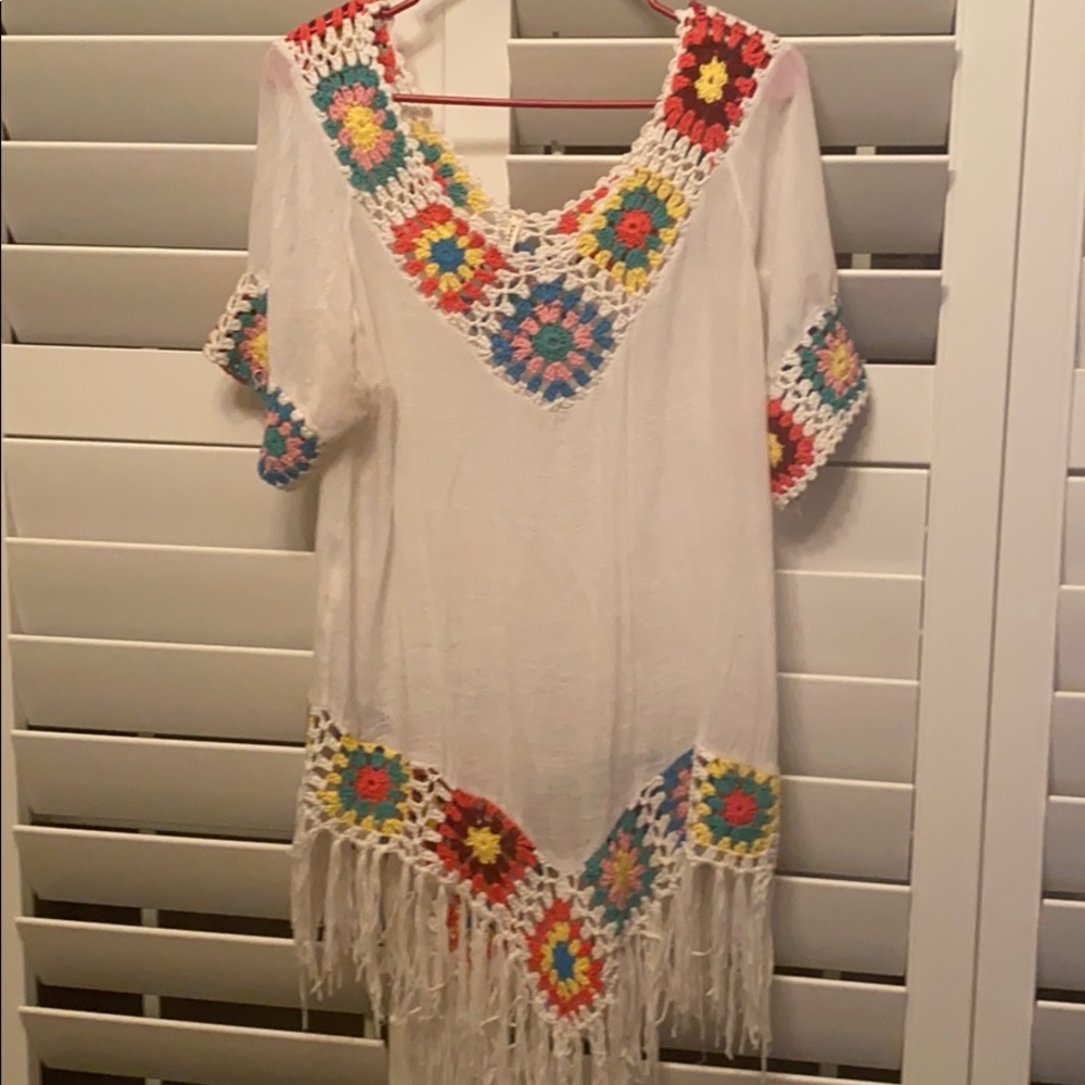 Colorful crocheted cover up.